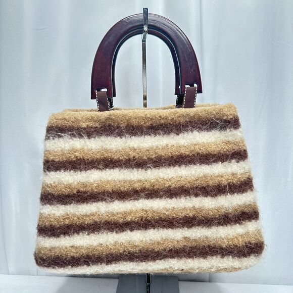 Artisan Wool Handbag Purse Removable Flowers pins Wooden handle Cottage artsy - Picture 3 of 16